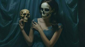 ein Frau im ein Blau Kleid mit ein Schädel Maske auf ihr foto