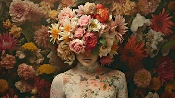 ein Frau im ein Blumen- Kleid mit ein blühte Maske auf foto