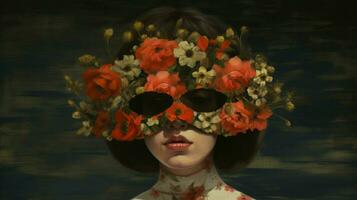 ein Frau im ein Maske mit ein Blume auf ihr Kopf foto
