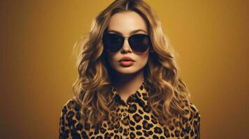 ein Frau mit ein Leopard drucken Sonnenbrille auf ihr Sch foto
