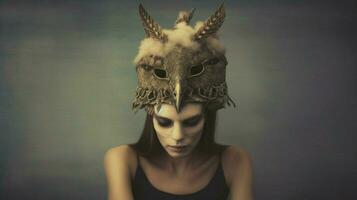 ein Frau mit ein Schädel Maske und ein Vogel auf ihr Kopf foto