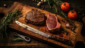 ein hölzern Schneiden Tafel mit Steaks und ein Messer ne foto