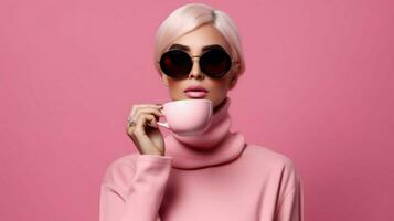 ein Frau mit Sonnenbrille und ein Rosa Tasse von Kaffee foto