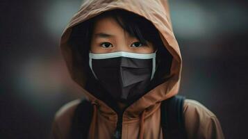 ein asiatisch Junge tragen schützend Maske covid 19 mas foto