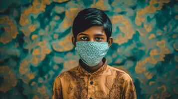 ein indisch Junge tragen schützend Maske covid 19 ma foto