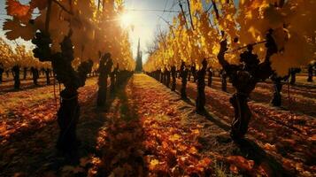 Herbst Sonne leuchtenden durch Reihen von Traube Reben Hallo foto