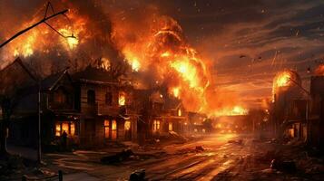 Stadt brennen Explosion Stadt, Dorf foto