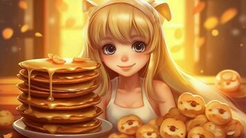 süß kawaii Mädchen mit Pfannkuchen foto