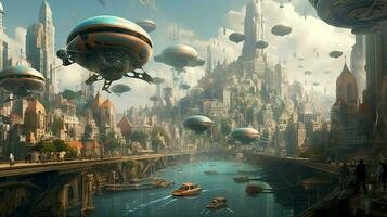 traumhaft Szene von futuristisch Stadt mit schwebend foto