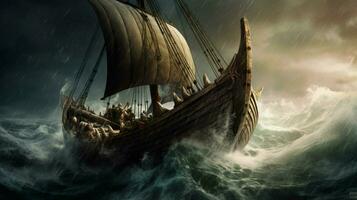 majestätisch Wikinger Schiff Segeln auf stürmisch Meere mit foto