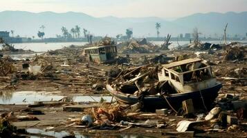 Stapel von Trümmer links nach ein Tsunami schlagen das Küste foto