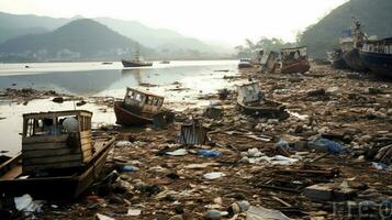 Stapel von Trümmer links nach ein Tsunami schlagen das Küste foto