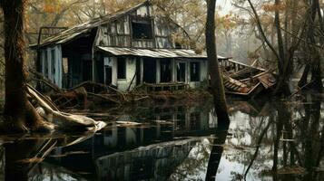 ruiniert Häuser im überflutet Wald nach Nachwirkungen foto