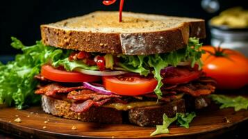 genießen ein vegan Sandwich mit großzügig Füllung foto