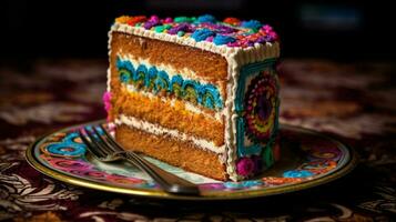 Scheibe von Kuchen dekoriert mit beschwingt Farben foto