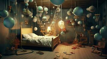 surrealistisch Zimmer mit schwebend Objekte und Traum foto