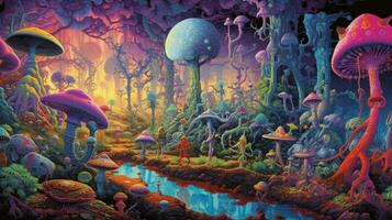 trippy Wald mit seltsam und psychedelisch Kreatur foto
