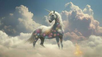 trippy Einhorn mit es ist Kopf im das Wolken foto