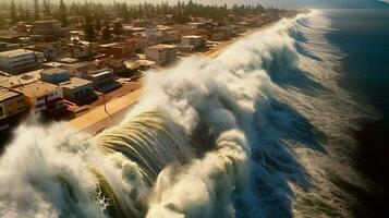 Tsunami Treffer Küste mit fest Welle Überschwemmung foto