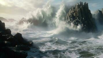 Tsunami Welle stürzt ab gegen gezackt Felsen foto