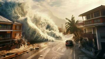 Tsunami Welle stürzt ab in Küsten Dorf zerstören foto