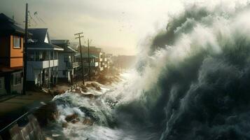 Tsunami Welle abstürzen Über Deich Überschwemmung Küste foto