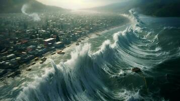 Tsunami Welle Rollen zu Küste Misshandlung das foto