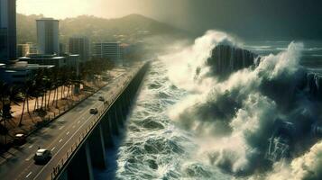 Tsunami Wellen Absturz gegen hoch Deich Schutz foto