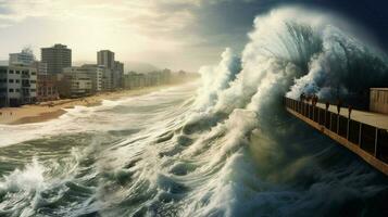 Tsunami Wellen Absturz gegen hoch Deich Schutz foto