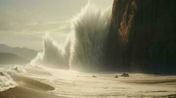 Tsunami Wellen Absturz gegen hoch aufragend Cliff einschicken foto