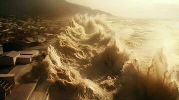 Tsunami Wellen Absturz auf zu Ufer und Bruch Küsten foto