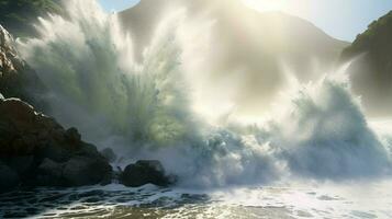 Tsunami Wellen abstürzen gegen Küsten Cliff mit foto