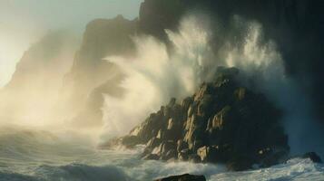 Tsunami Wellen abstürzen gegen felsig Cliff mit s foto