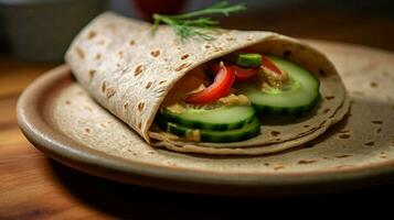 vegan wickeln mit Hummus Gurke und rot Pfeffer auf foto