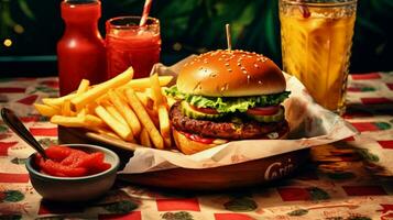 Vegetarisch Burger und hausgemacht Fritten im beschwingt schnell foto