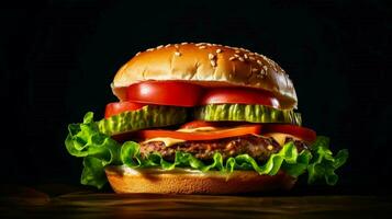 Vegetarisch Burger auf getoastet Brötchen gekrönt mit Grüner Salat foto