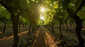 Weinberg mit Reihen von Reben und Sonne leuchtenden durch foto