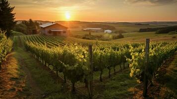 Weinberg mit Aussicht von das Sonne Rahmen hinter ein vi foto