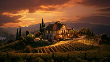 Weinberge beim Sonnenuntergang mit warm und gemütlich Atmosphäre foto