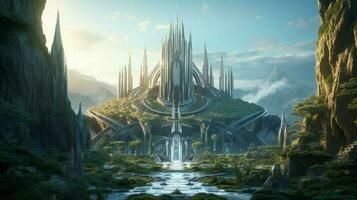 ein futuristisch Elf Schloss im ein magisch Wald foto