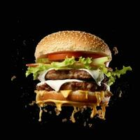 frisch Schichten von Burger Sandwich fliegend im das Luft foto
