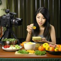 Produkt Schüsse von asiatisch jung Frau ist Essen Diät foto