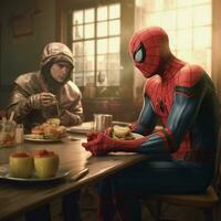 Produkt Schüsse von Spider Man mit Helden Freund Essen foto