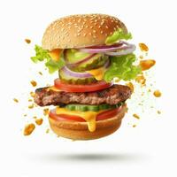realistisch Scheiben fliegend Burger isoliert auf Weiß b foto