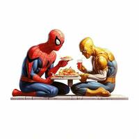 Spider Man mit Helden Freund Essen Lebensmittelkarikatur Stil foto