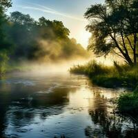 ein beruhigend Morgen Nebel steigend Über ein still Fluss foto