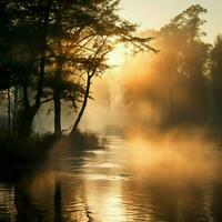 ein beruhigend Morgen Nebel steigend Über ein still Fluss foto