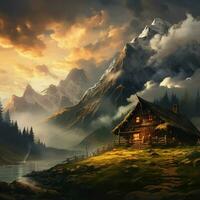 ein gemütlich Kabine umgeben durch neblig Berge und wirbelnd foto