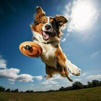 ein dynamisch Hund fangen ein Frisbeescheibe in der Luft foto