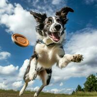 ein dynamisch Hund fangen ein Frisbeescheibe in der Luft foto